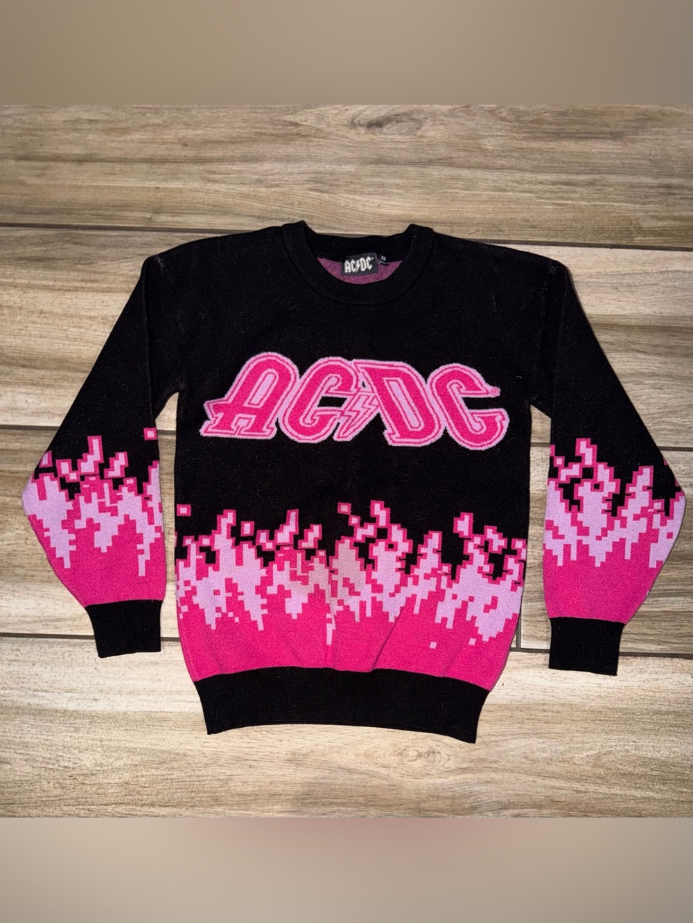 AC/DC Black & Hot Pink Pixel Flame Crewneck Sweater - Women's